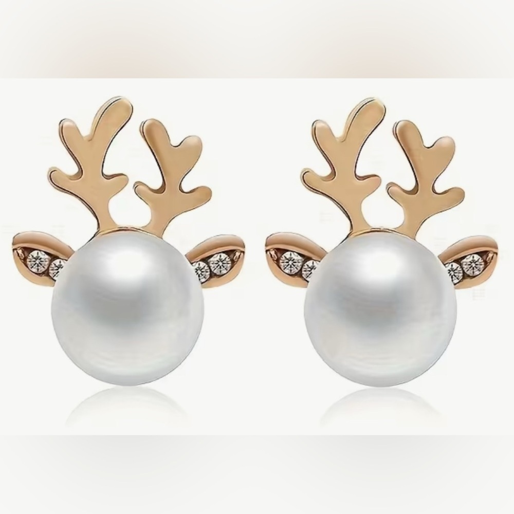 Gold & Pearl Reindeer Earrings NWT